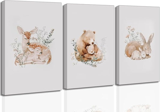 3 Pcs Animal Nursery Canvas Wall Art Watercolor Baby Animals with Wildflowers Painting Picture Wall Decor Cute Rabbit Bear Deer Nursery Paintings Artwork for Kids Room Baby Room Home Decoration