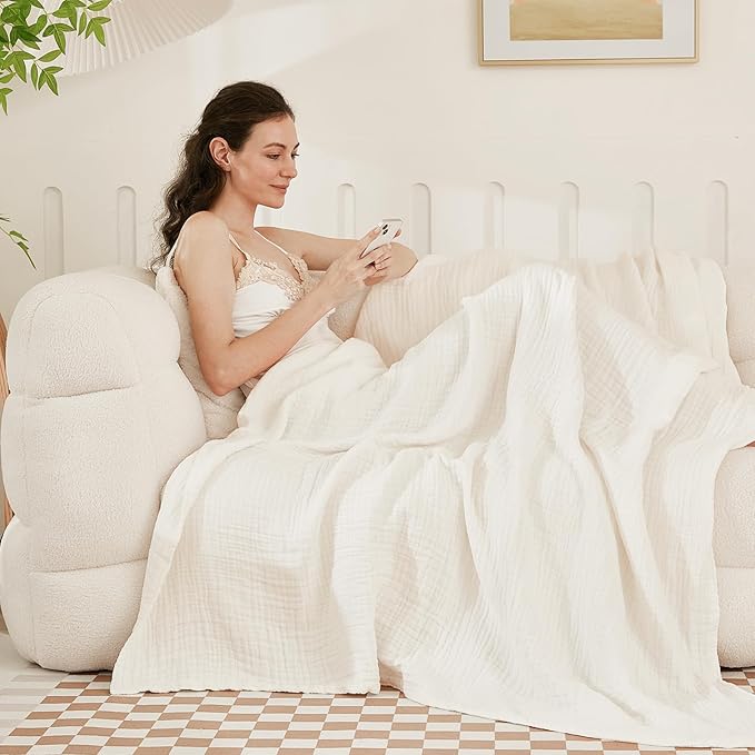 EMME Cotton Bed Blankets White Blankets for Bed Muslin Twin Blanket 60"x80" Lightweight Soft Twin Blanket All Season Gauze Blanket