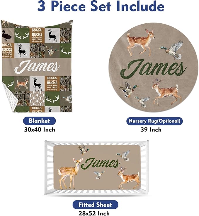 Custom Baby Crib Bedding Set - Green Deer Design Personalized Name Baby Nursery Bedding 3 Pcs Set - Chic Soft Blanket, Fitted Sheet, Room Rug for Newborns Boys Girls Gifts