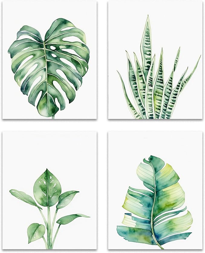 OFJE Botanical Green Leaf Wall Art Prints Set of 4, Tropical Plant Watercolor Poster for Bathroom Bedroom Living Room Decor, Unframed 8x10
