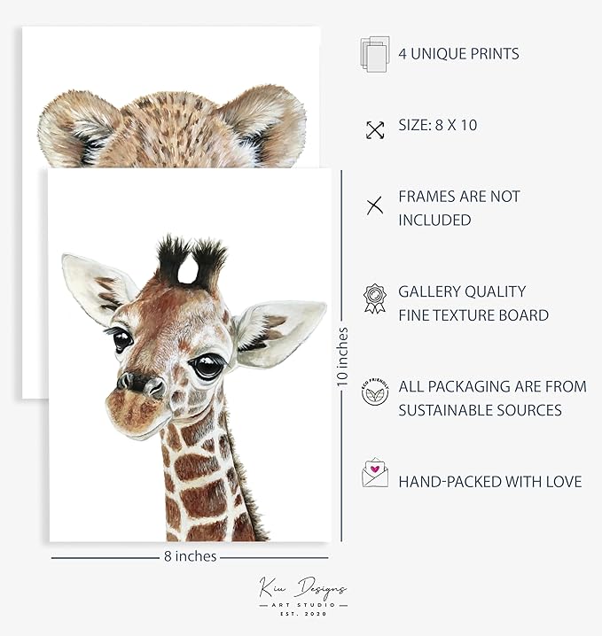 KIU DESIGNS Nursery Wall Art - Unframed Safari Nursery Decor - Set of 4 Animal Wall Decor Gift for Baby - Safari Portrait - 8"x10"