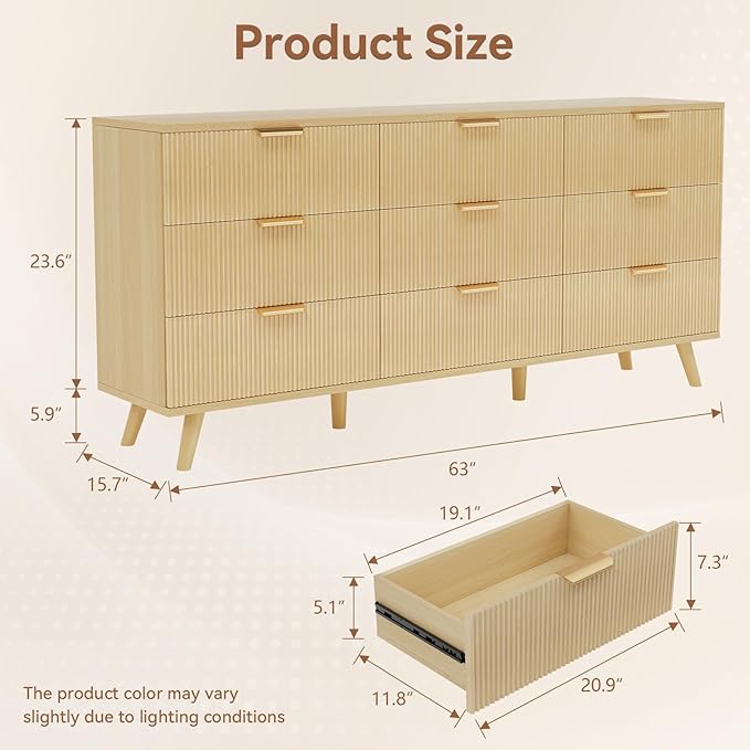 63" Long Fluted 9 Drawer Dresser for Bedroom - Modern Chest of Drawers - Natural Wood Dresser - Boho Storage Wood Organizer for Living Room, Hallway, Closet