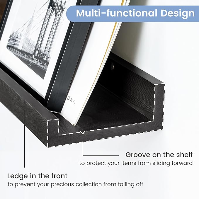 Picture Ledge Wall Shelves 16 inches Width Set of 3, Solid Pine Wood Rustic Floating Ledge Shelves for Wall for Kids' Room Bedroom Kitchen Bathroom Living Room Nursery Display Decor, Black
