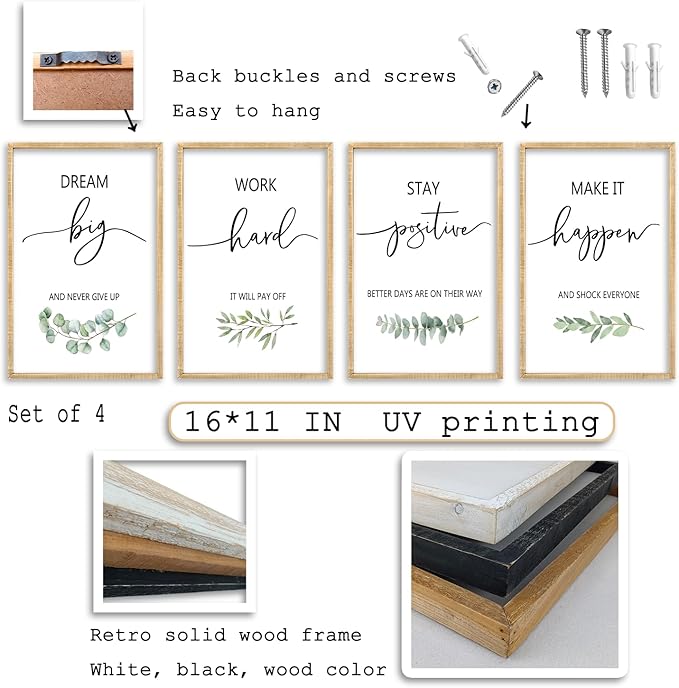 Set of 4 Inspirational Quotes Wall Art 16x11 Inch Encouraging Office Wooden Framed Positive Affirmations Home Family Decor Sign Motivational Plaque Wall Hanging Decoration (Wood)
