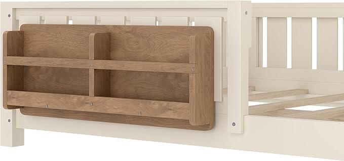 Bellemave Full Size Floor Bed with high Rails and with Built-in Bookshelf for Kids, Girls, Boys, Wood Montessori Floor Bed Without Door, Beige