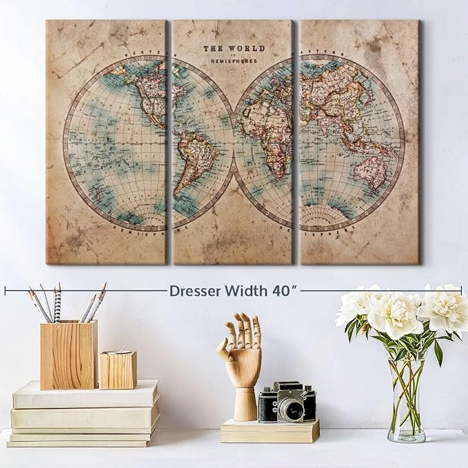 ElephantStock Hemisphere Map Wall Art Multi Piece Canvas - 3 Piece Canvas World Map Wall Decor - Wall Decor Print - Vintage Wall Art - 33" X 20"