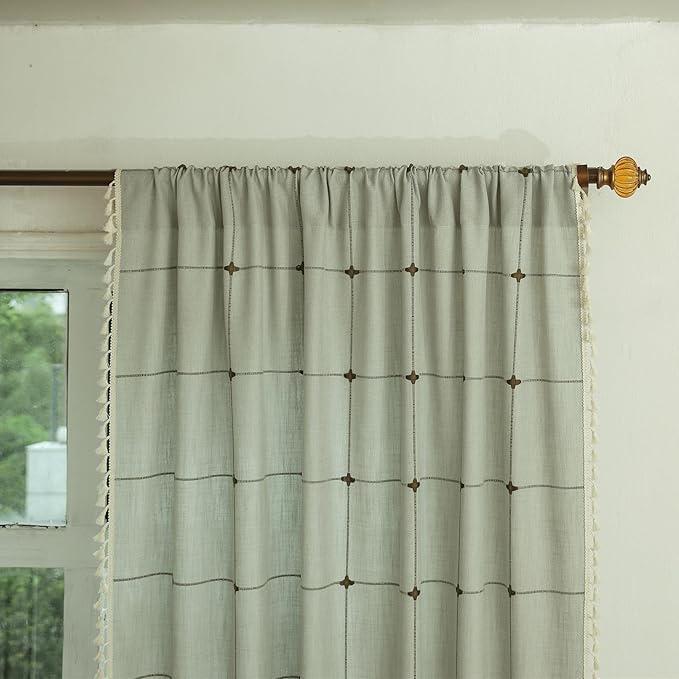 Deeprove Boho Curtains 84 Inches Long for Bedroom, Checkered Bohemian Chic Textured Embroidery Plaids, Vintage Tassels Country Decor Drapery, Rod Pocket, 1 Panel W52 x L84, Dusty Greyish Cream