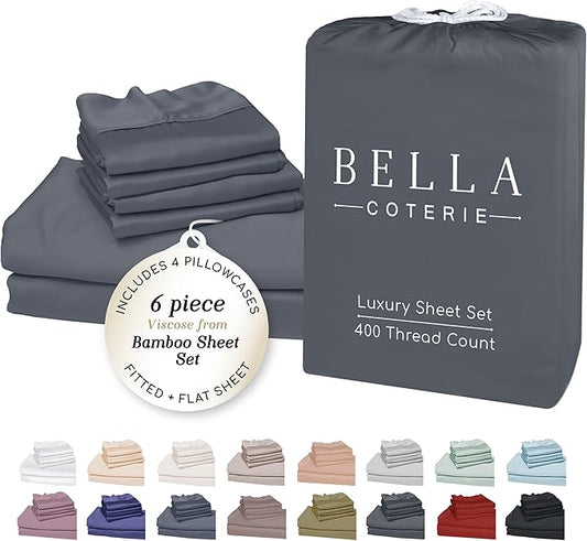 Bella Coterie 6 Piece Luxury Bamboo Viscose Split Top King Size Sheet Set | 34" Split for Adjustable Beds | 100% Organically Grown| Cooling | 18” Deep Pocket | 4 Pillowcases [Charcoal Grey]