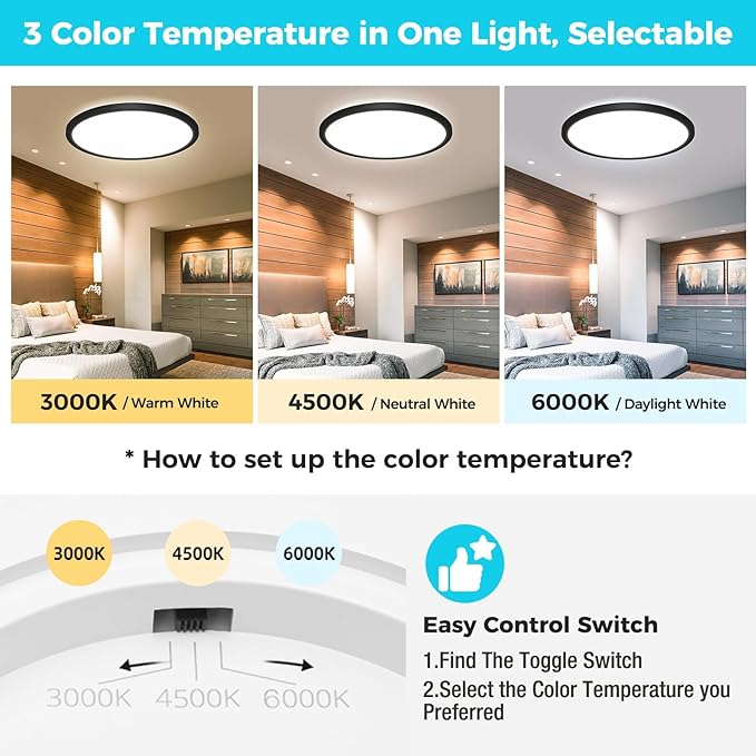 libtit 23 Inch Led Flush Mount Ceiling Light Fixtures, 3 Color Temperature Selectable, Thin Flat Round Lighting Fixture Surface Mount for Office Garage Hallway (Black)