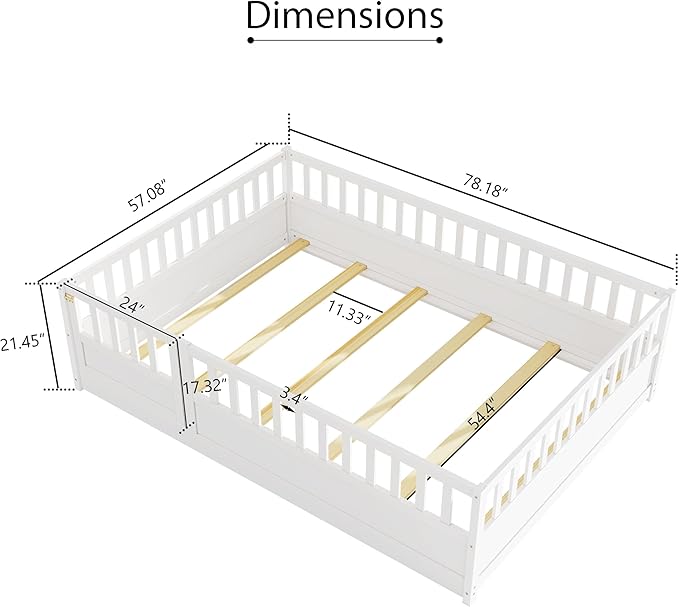 GDFStudio Full Size Floor Bed Frame with Opening Door & Guardrails, Montessori Toddler Full Bed Frame for Boys Girls, Wooden Low to Floor Bed Rails for Toddlers, Support Slat, White