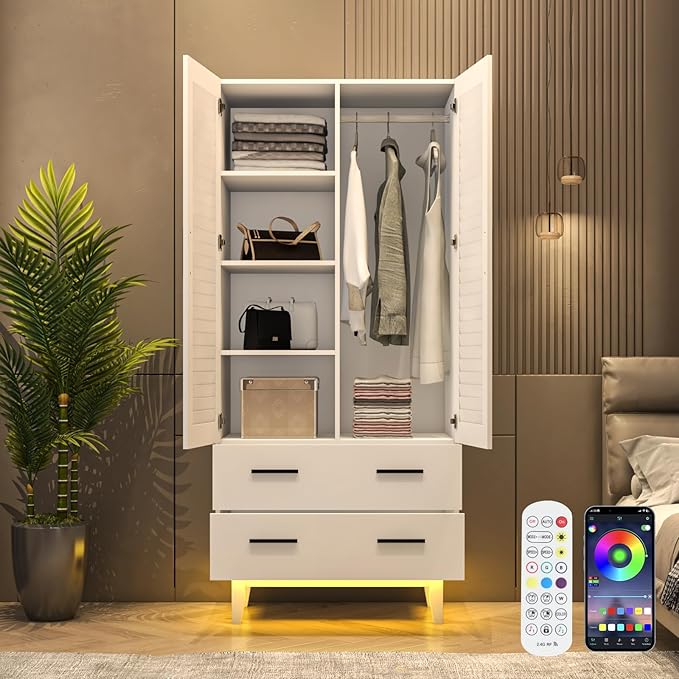 2 Door Armoire Wardrobe Closet Cabinet with Mirror, Drawers and LED Lights, Multi-Tier Shelves, Hanging Rod & 2 Louver Doors, Large Capacity Storage Wardrobe Armoire for Bedroom, White