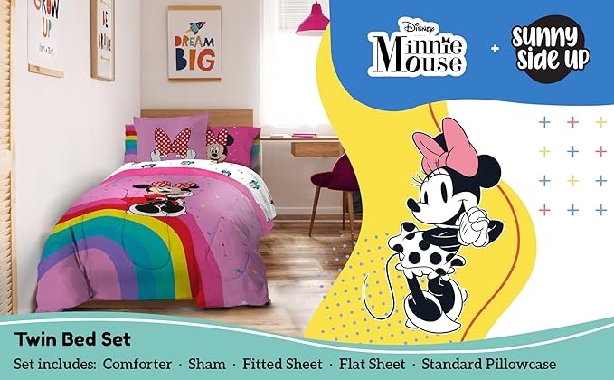 Sunny Side Up Disney Minnie Mouse Twin Comforter Set â€“ 5 Piece Kids Bedding Includes Comforter, Sheets & Pillow Cover â€“ Super Soft Rainbow Dots Microfiber Bed Set