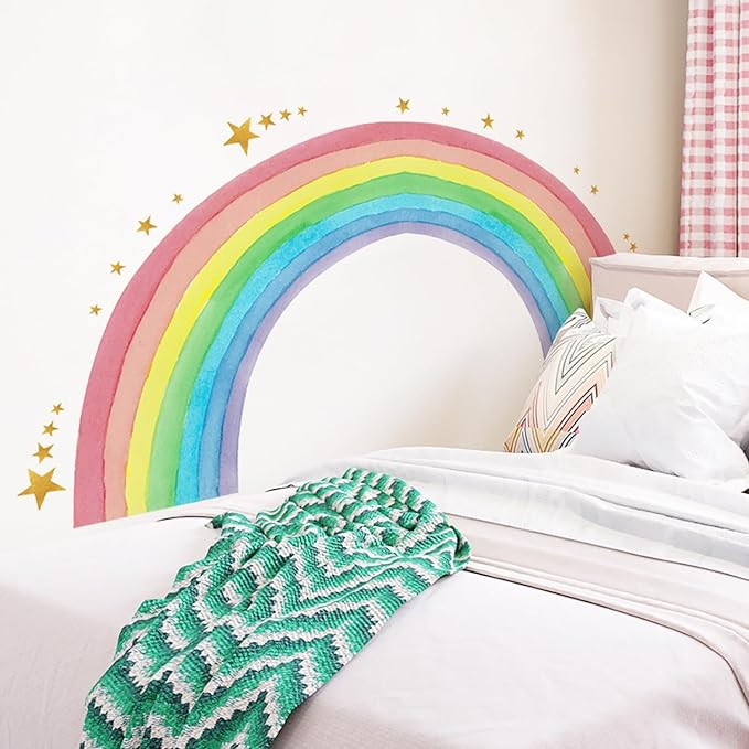 Large Watercolor Rainbow Wall Stickers, Star Colorful Peel and Stick Wall Decals, Baby Room Nursery Kids Bedroom Art Wall Decor