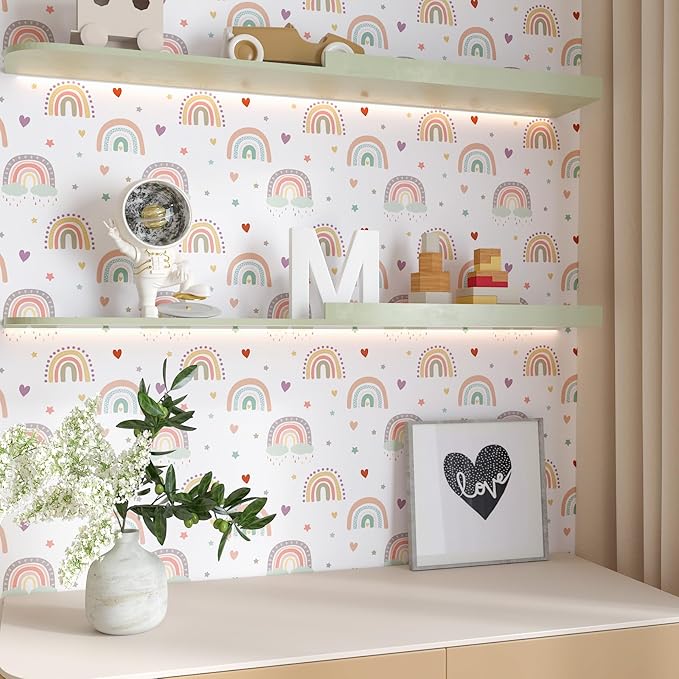 CHIHUT Boho Rainbow Peel and Stick Wallpaper for Kids Bedroom 17.7”x236” Cute Fun Kids Contact Paper for Cabinets Drawers Self Adhesive Removable Nursery Wall Paper Rainbow Wall Decor for Classroom