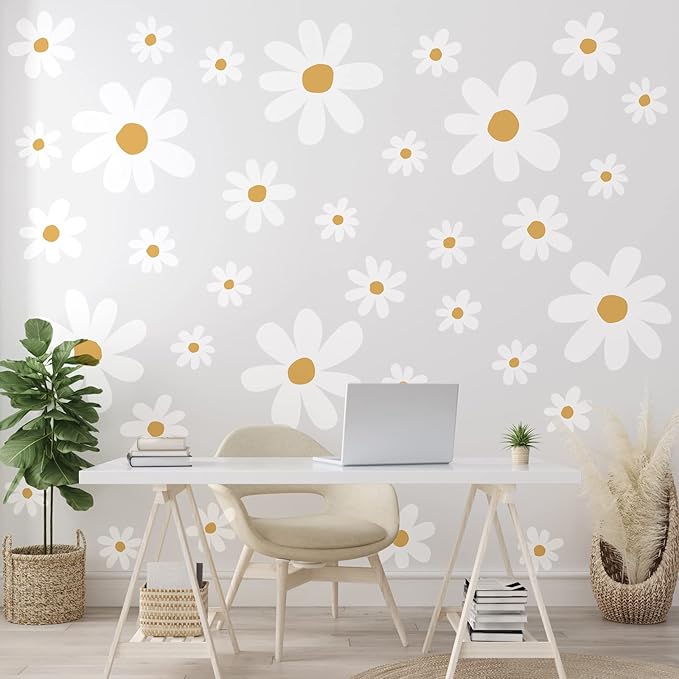 TaoBary 12 Sheets Daisy Wall Decal Flower Wall Sticker Cute Daisy Sticker Pink White Flower Decal Peel and Stick Floral Wallpaper for Nursery Bedroom Home Decor(White, Yellow,Cute Style)
