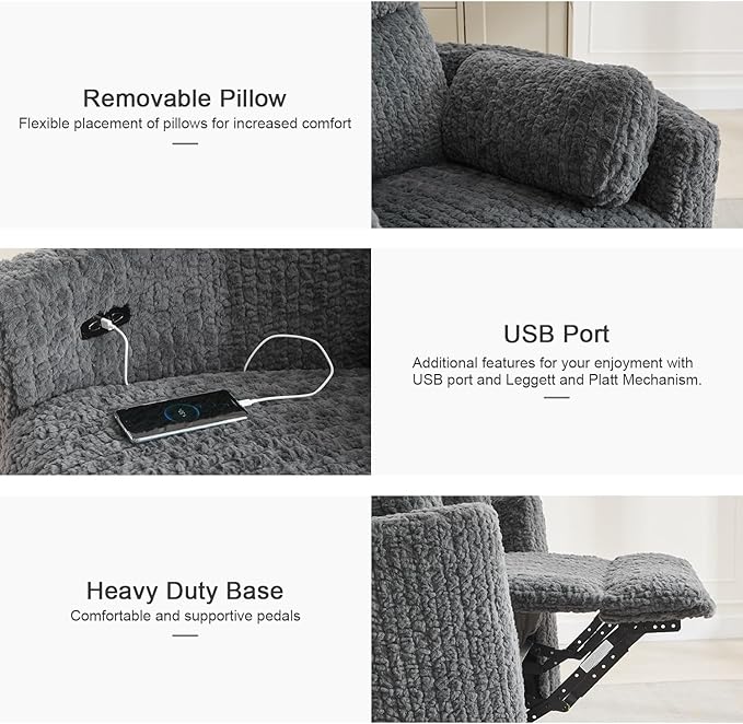 Swivel Glider Recliner, Boucle Upholstery Recliner with 2 Pillow, Nursery Glider Rocker Chair, Power Reclining Sofa Chair for Living Room/Office/Apartment/Dark Gray