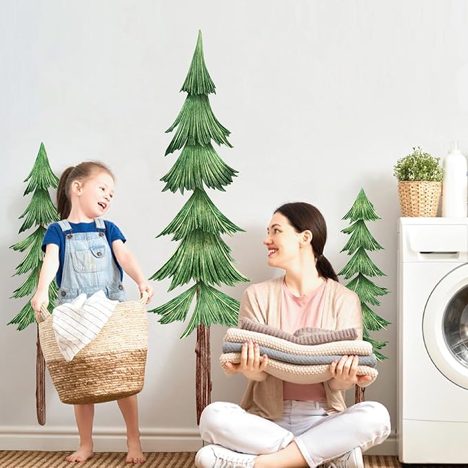 Large Pine Tree Wall Decals Peel and Stick Watercolor Extra Large Tree Wall Decal Forest Nature Green Tree Wall Stickers Giant Pine Tree Wall Decals for Nursery Kids Room Decor