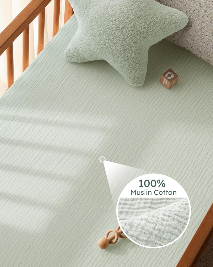 Muslin Pack and Play Sheets Fitted, 100% Cotton Mini Crib Sheets 2 Pack for Pack N Play Mattress, Stretchy Playard Sheet, Soft and Breathable Gradient Green