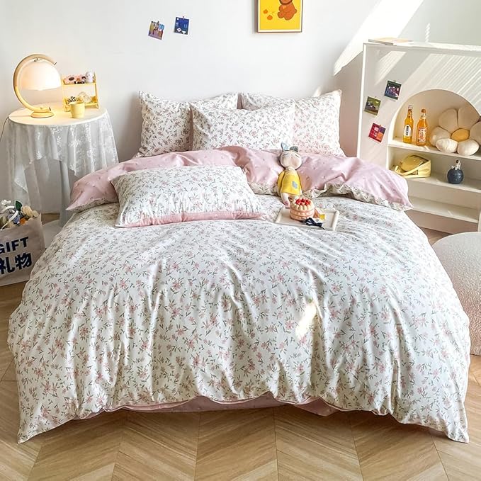 HighBuy White Cotton Floral Duvet Cover Full Girl Pink Floral Bedding Set Garden Style Botanical Coquette Bedding Comforter Cover with Zipper Closure,Cottagecore Duvet Cover Set Full,2 Pillowcases