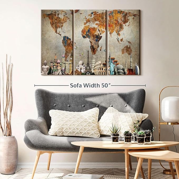 ElephantStock Rusty World Map Multi Piece Canvas - 3 Piece Canvas World Map Wall Decor - Wall Decor - Ready-to-Hang Print - Vintage Wall Art - 45" X 28"