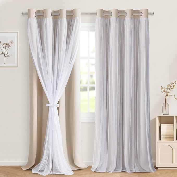 DWCN Beige Layered Curtains for Living Room Blackout and Sheer Curtains Grommet Top Window Treatment with Sheer Overlay for Bedroom, 52 W by 96 L, 2 Pieces