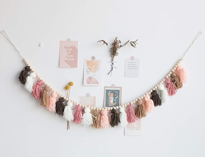 Decocove Tassel Garland - Boho Tassel Garland with Wood Beads - Wall Decor for Dorm, Girls Room and Nursery Room (50 inch)