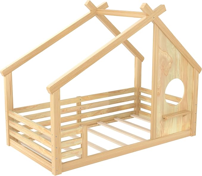Polibi Twin Size House Floor Bed with Window and a Small Shelf, Solid Wood Low Profile Floor Bed for Kids, No Box Spring Needed, Natural