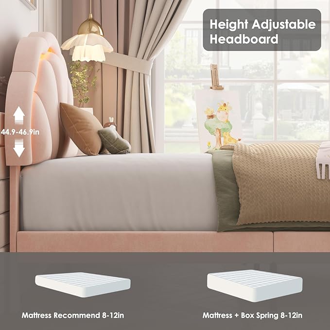HIFIT Queen Upholstered Smart LED Bed Frame with Adjustable Chic Petal Headboard, Soft Princess Queen Size Platform Bed Frame for Girls, Wooden Slats Support, No Box Spring Needed, Easy Assembly, Pink