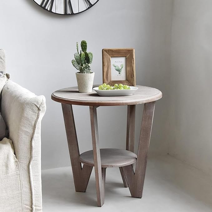 Set of 2 Rustic Farmhouse end Table with Storage Shelf, French Country Accent Side Table for Family, Dinning or Living Room, Small Spaces, Modern, Round, Vintage Grey Finish