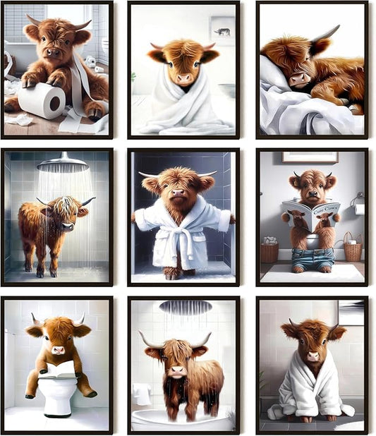Funny Bathroom Highland Cow Wall Art, Vintage Brown Cow Animal Canvas Posters Prints Home Decor Set of 9, for Farmhouse Kids Bathroom Decoration Restroom Artwork 8x10In Unframed