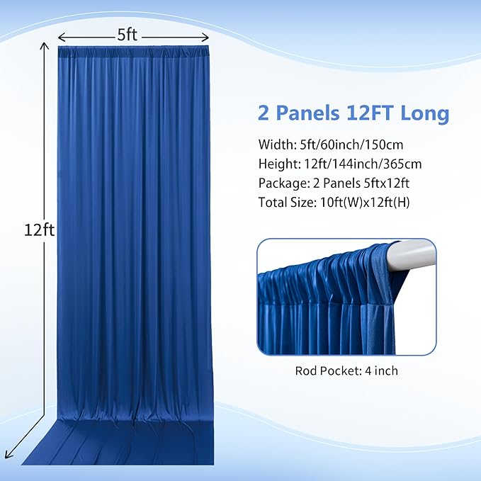 10×12ft Wrinkle Free Royal Blue Backdrop Curtain for Wedding Parties, 2 Panels 5×12ft Long Soft Silky Polyester Backdrop Drapes Photo Back Drop Curtains for Jungle Party Photography Background Cloth