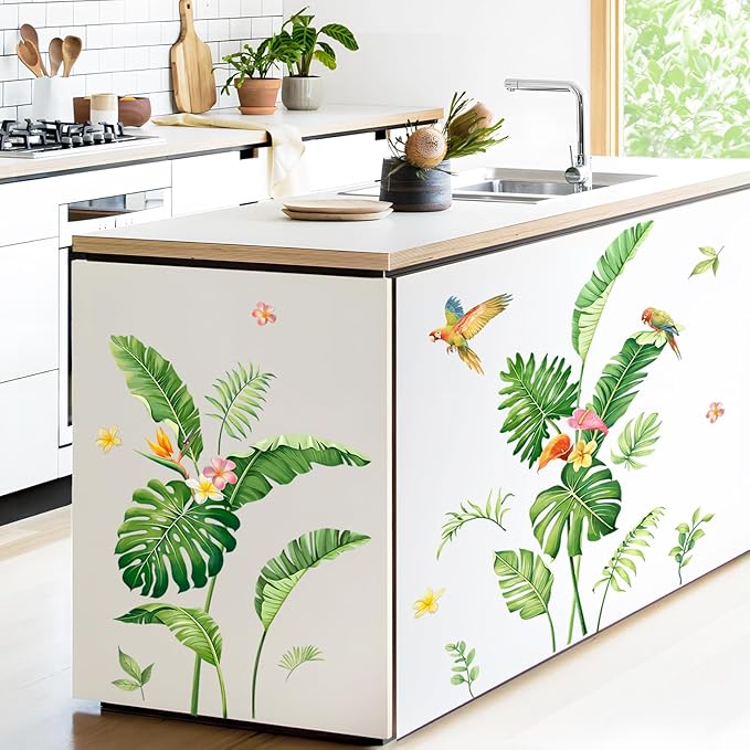 Tropical Plant Leaf Wall Decals, Palm Leaves Boho Spring Summer Green Tree Flower Birds Nature Monstera Wall Stickers Art Decor for Living Room Office Nursery Classroom Gifts for Mom