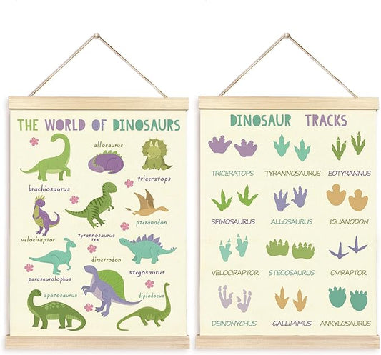 CGBHW Educational Dinosaur Species Tracks Poster Hanger Frame Set of 2 12x16, Dino Room Decor for Boys, Cute Learning Posters Wall Art Hanging Decor for Toddler Kids Baby Room Nursery Bedroom