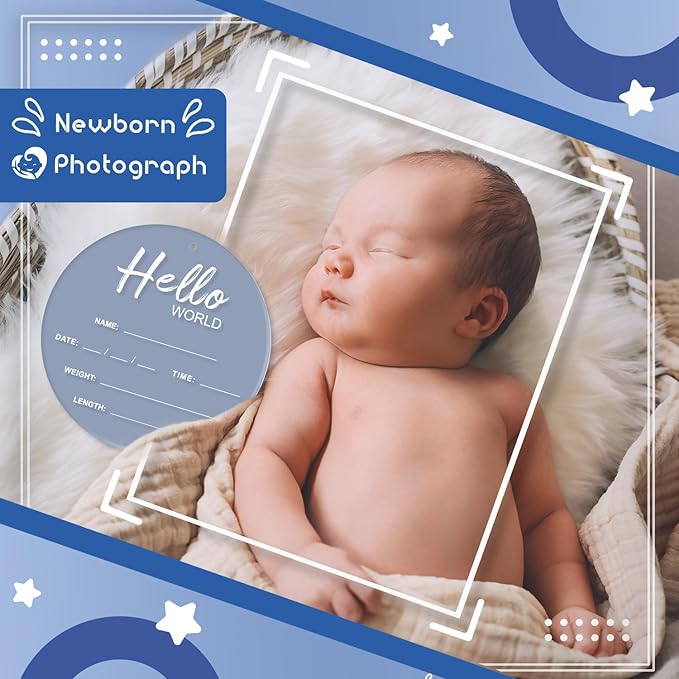 Baby Announcement Sign, 6.7 Inch Hello World Newborn Sign, Thickness Upgrade Birth Announcement Sign for Hospital, Nursery Baby Shower (Blue)