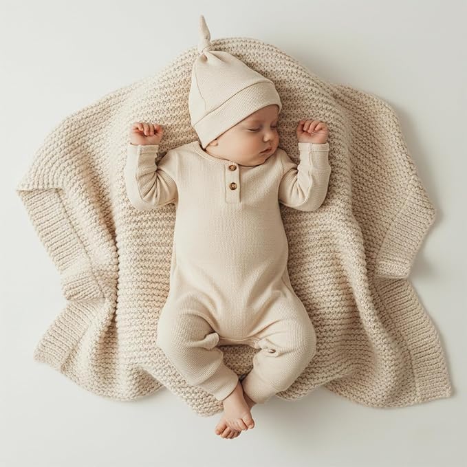 Newborn Knit Romper Hat 2 Pieces Button Up Footed Jumpsuit Baby Boy Clothes Photography Coming Home Outfit