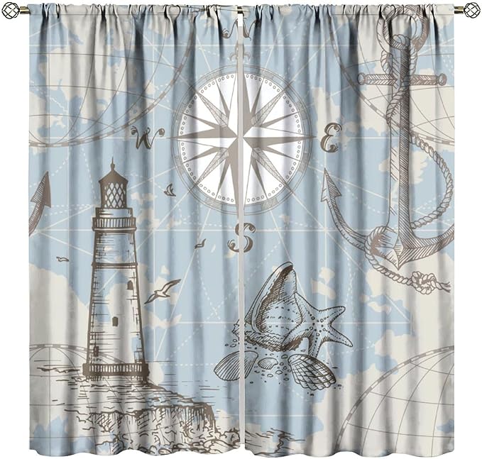 BAEKJIN Nautical Costal Curtains, Compass Lighthouse Anchor Sailboat Pattern Print Decor Home Bedroom Living Room Window Treatments 2 Panel Set 42x45 Inch
