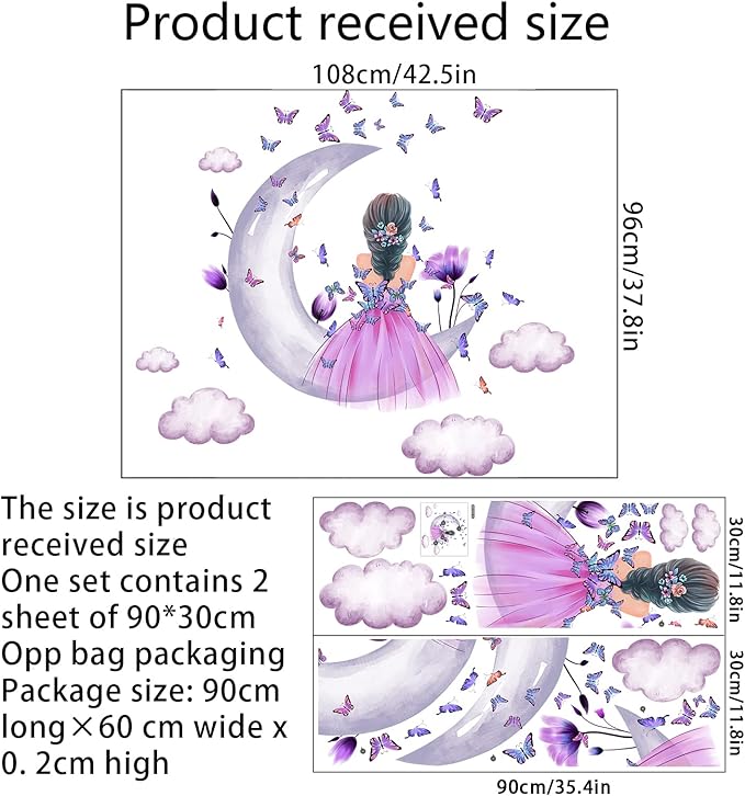 Baby Girl Wall Decals Purple Flower Butterfly Wall Sticker Moon Cloud Wall Decal Colorful Butterflies Wall Stickers Princess Room Decor for Girls Nursery Bedroom Playroom