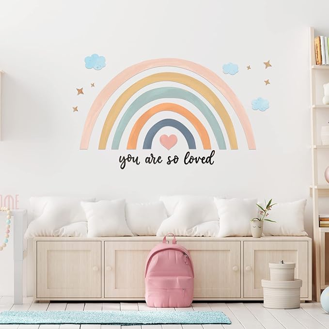 Containlol Rainbow Wall Decals, Playroom Wall Decor for Girl Room, Watercolor Peel and Stick Wallpaper, Boho Wallpaper 30 x 14 Inch Heart Art Stickers for Toddler Bedroom Nursery(Blue Pink,Cute)