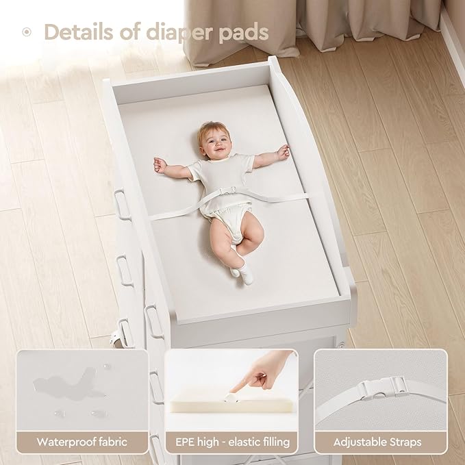 Baby Changing Table Dresser with Wheels, 6-Fabric Drawer Baby Dresser with Changing Table Top, Waterproof Diaper Changing Station & Pad, Mobile Storage Unit, Compact Baby Furniture, White