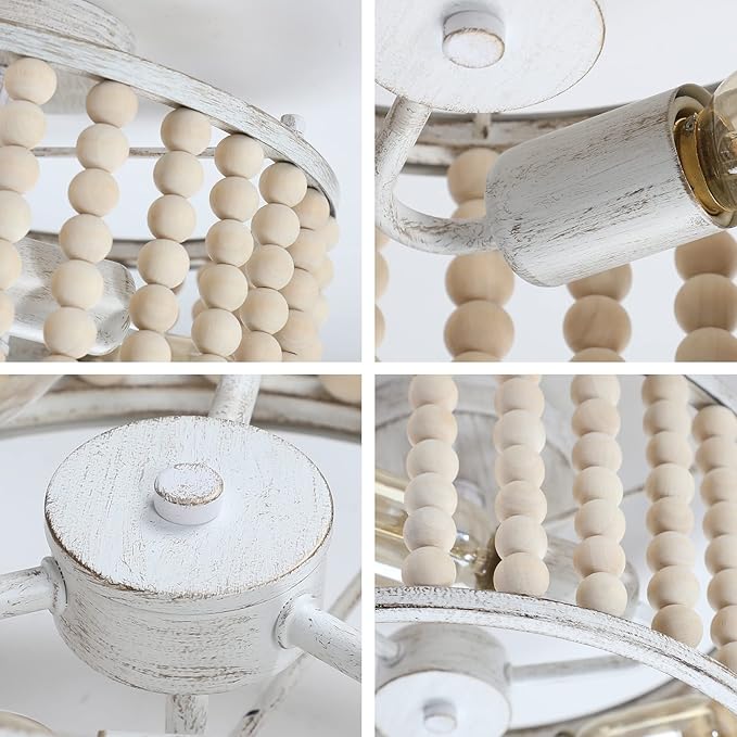 tewei Wood Beaded Boho Chandelier Light Fixture, Semi Flush Mount Ceiling Light 3-Light Rustic Nursery Close to Ceiling Lights for Bedroom Kitchen, Living Room, Oak White, E26 Base