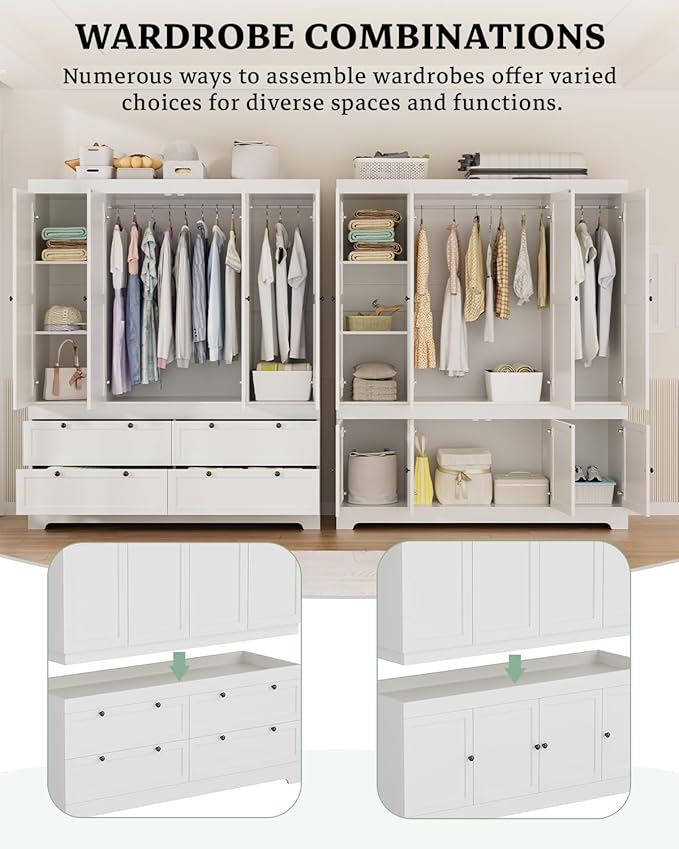 8 Door Modular Wardrobe Closet - 71" Tall Large Armoire with Hanging Rod, Freestanding Large Capacity Clothing Wardrobe Cabinet w/Handles for Bedroom White