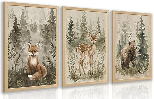 kilamino Wood Framed Woodland Animal Nursery Wall Art, Cute Fox Bear Deer Wall Decor, Neutral Wildlife Animal Art Prints, Funny Nature Forest Animal Canvas Paintings for Baby Room Playroom 12"x16"x3