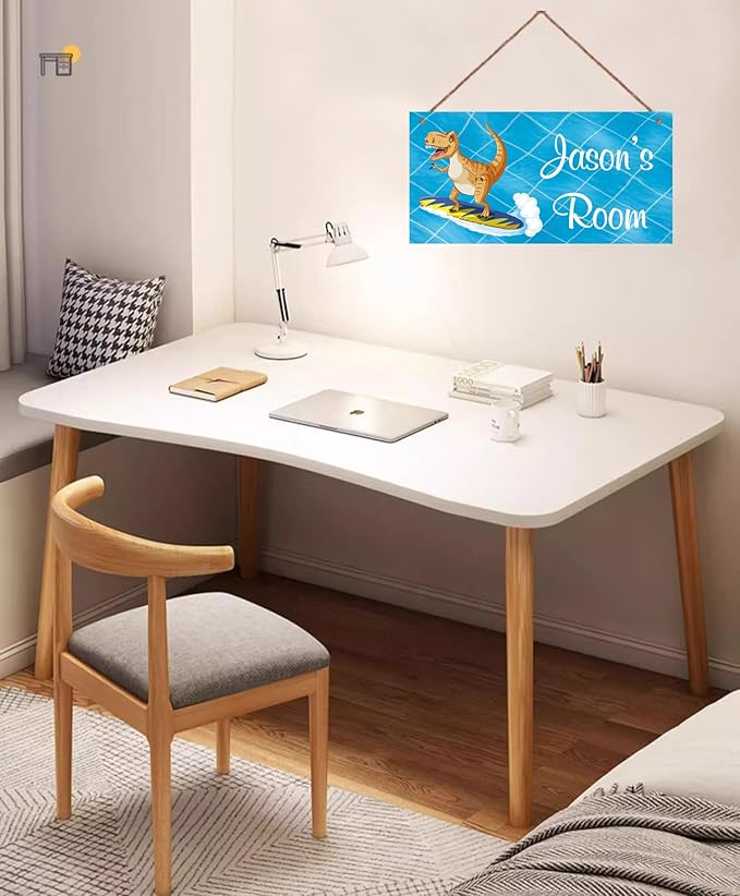 Personalized Dinosaur Sign Surf Riding Art Decor For Kids Room Custom Name Door Wall Decor, Floral Nursery Art For Boys Room Baby Bedroom Girls Cave, 5*10inch Tin Wood Wall Mount Sign
