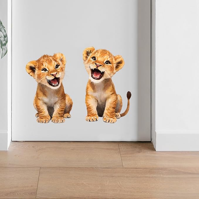 Baby Lions Wall Decals Removable Animal Cubs Vinyl Stickers for Nursery Living Room and Kids Playroom Watercolor Decor Peel and Stick Wall Art