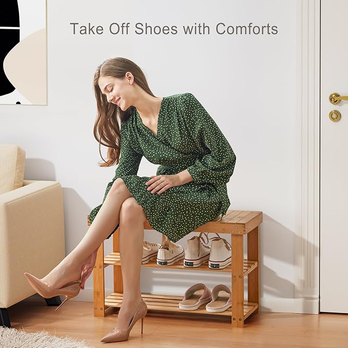 Pipishell 3 Tier Bamboo Shoe Rack Bench - Sturdy Shoe Organizer Holds up to 300lbs for Entryway, Bedroom, Living Room, Balcony