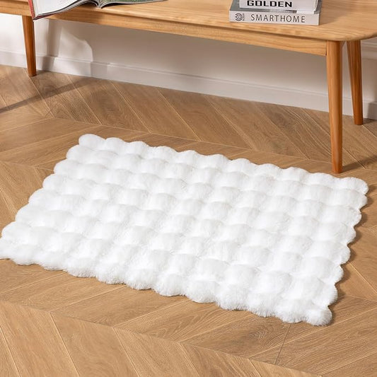Ashler Faux Rabbit Fur Rug, White 2x3 FT Fluffy Soft Runner Area Rugs, Rectangle Fuzzy Carpet for Living Room, Bedroom, Machine Washable Shaggy Nursery - 3D Bubble Mat