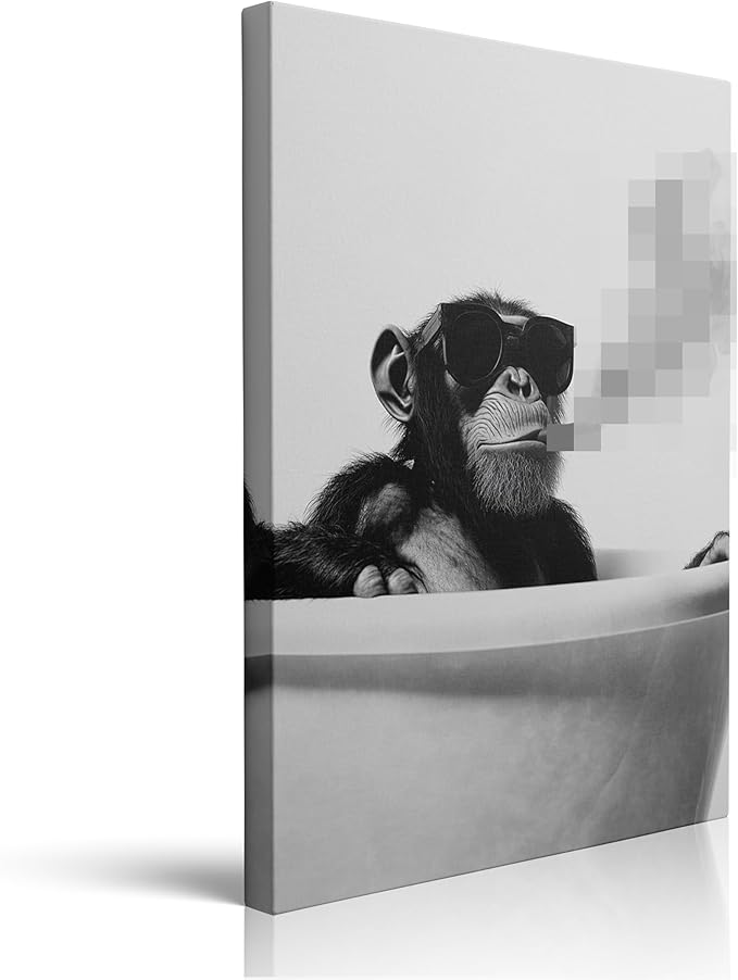 Funny Black and White Monkey Picture Wall Decor Framed Cool Chimpanzee Gorilla in Bathtub Canvas Wall Art Animal Prints Poster Modern Pop Fun Painting for Bathroom Living Room Bedroom (12"x16")