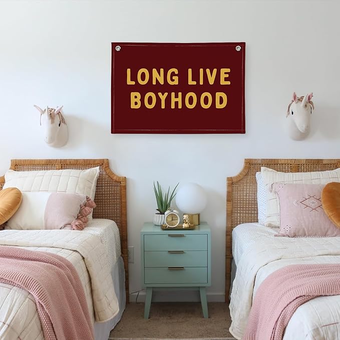 Long Live Boyhood Linen Banner – Boys Room Wall Hanging, Playroom & Nursery Decor, Toddler Room Flag, Aesthetic Boys Bedroom Sign – Burgundy & Mustard Yellow