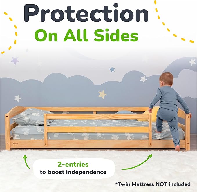 Ocodile Twin Floor Bed with Safety Guardrails for Kids, Montessori Inspired with Rails and 2 Openings, Twin Size Bed Frame for Girls and Boys - Varnished