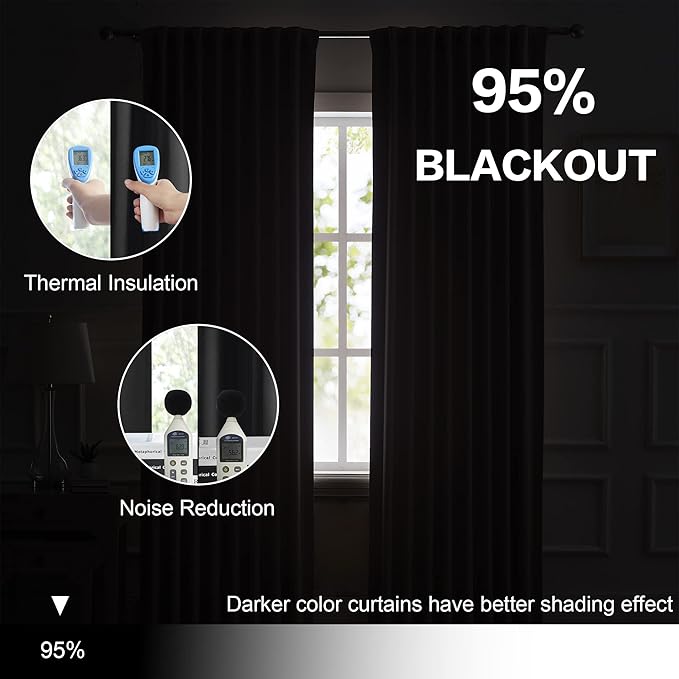 DUALIFE 2 Pcs Blackout Extra Long Black Curtains/Drapes 132 Inch Length,Thermal Insulated Black Draperies for Loft,(Black, 2 Panels,52" W x 132''L)